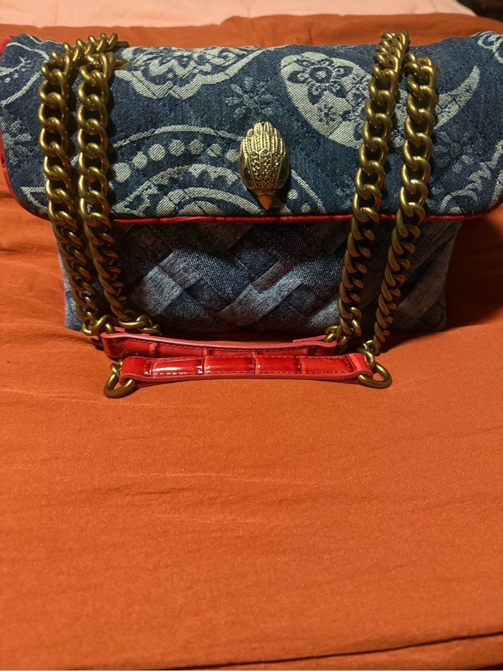 Kurt Geiger Quilted Denim Shoulder Bag with Red Trim and Brass Chain